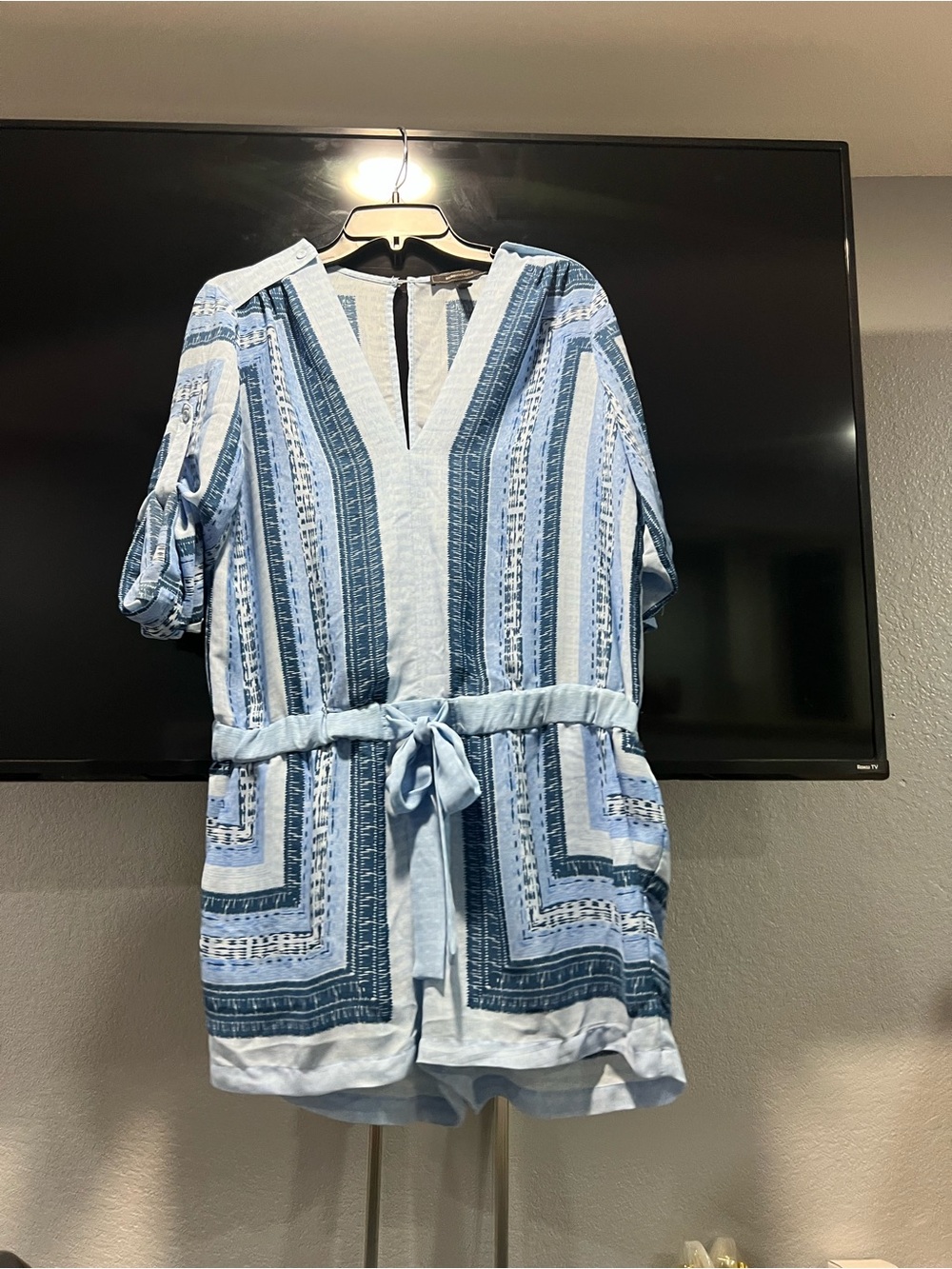 Light Blue Striped V-Neck Belted Women's romper